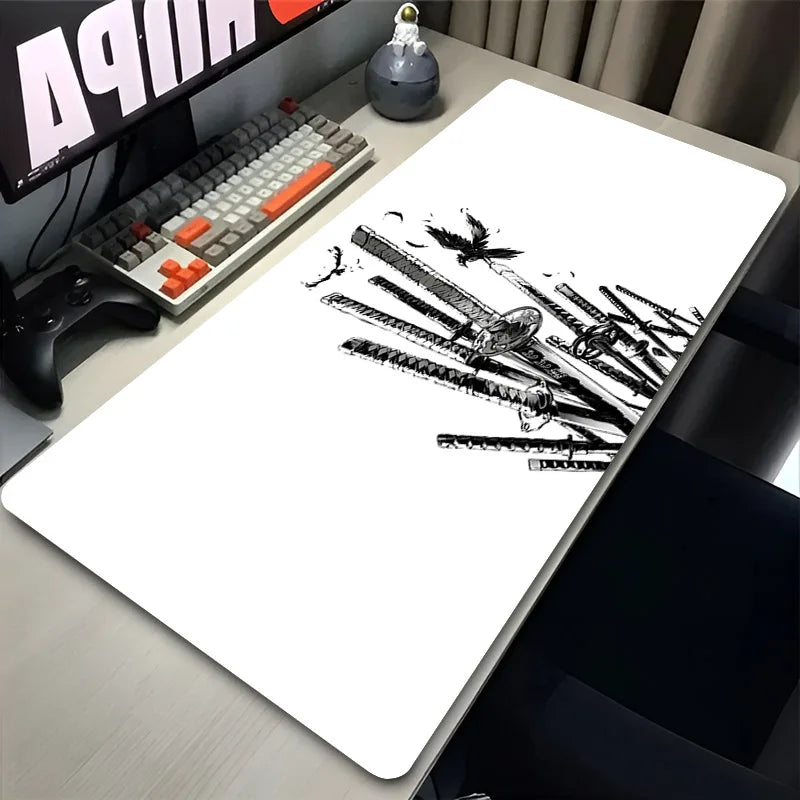 Samurai Black And White Anime Mousepad Gamer Keyboard Large Mouse Pad Gaming Accessories Desk Mat Sword Non-slip Laptop Carpet