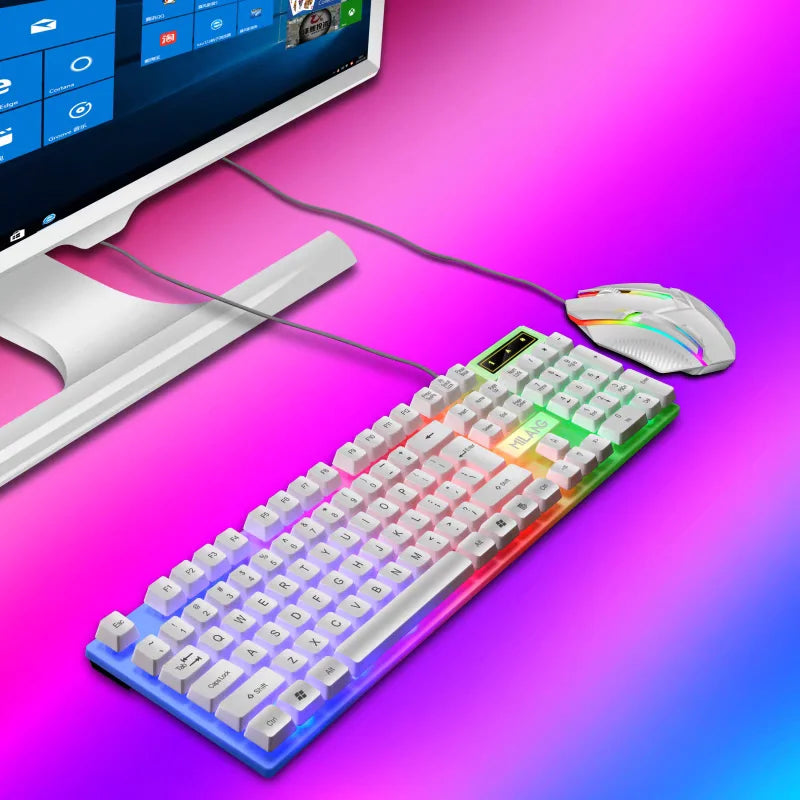 Full Sized Wired Gaming Keyboard and Wired Mouse Combination, with Rainbow LED, Wired USB Connection, Silent Keyboard, Ergonomic Wrist Support, Highly Sensitive Mouse, Suitable for Gamers, Students, and Office Professionals,
