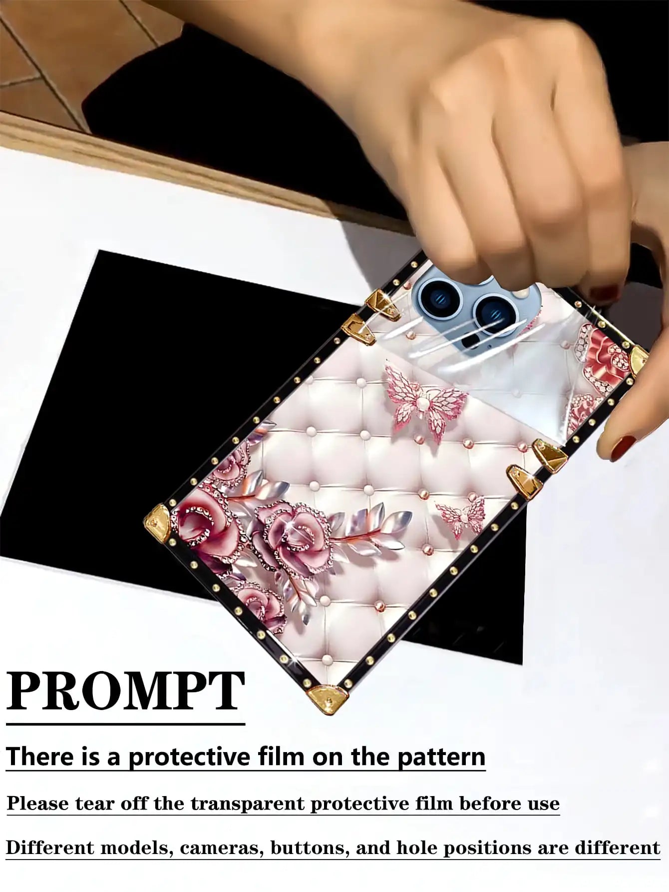 1pc Non-3D Pattern, 2D Rectangular Sheep Leather Texture Rhinestone Butterfly & Floral Contrast Color Edging Shockproof Phone Case, Compatible With Samsung S26 Ultra/S26/S26 Plus/A57 5G/A37 5G And 17 Pro Max/17 Air/14 Pro Max
