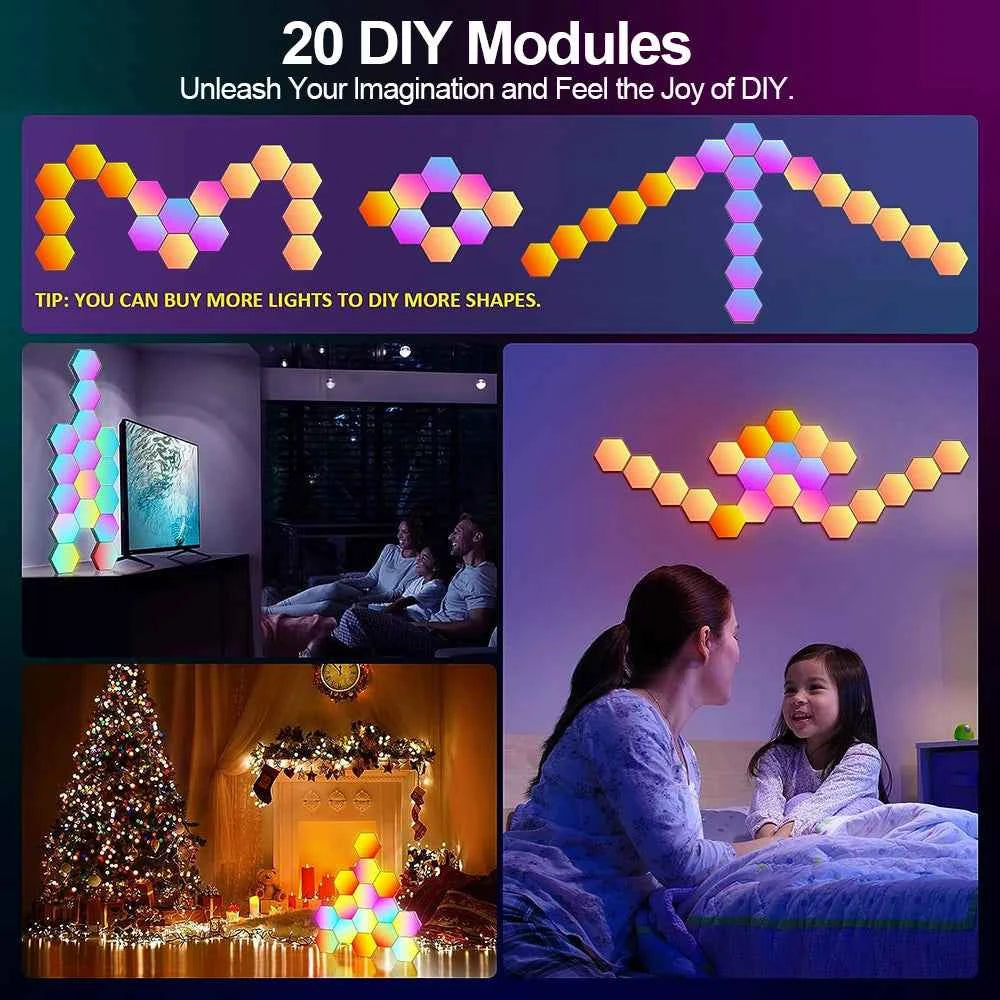 RGB Smart Hexagonal Wall Lamp Color changing Ambient Night Light DIY Shape Music Rhythm APP For Game Room Bedroom Intelligent