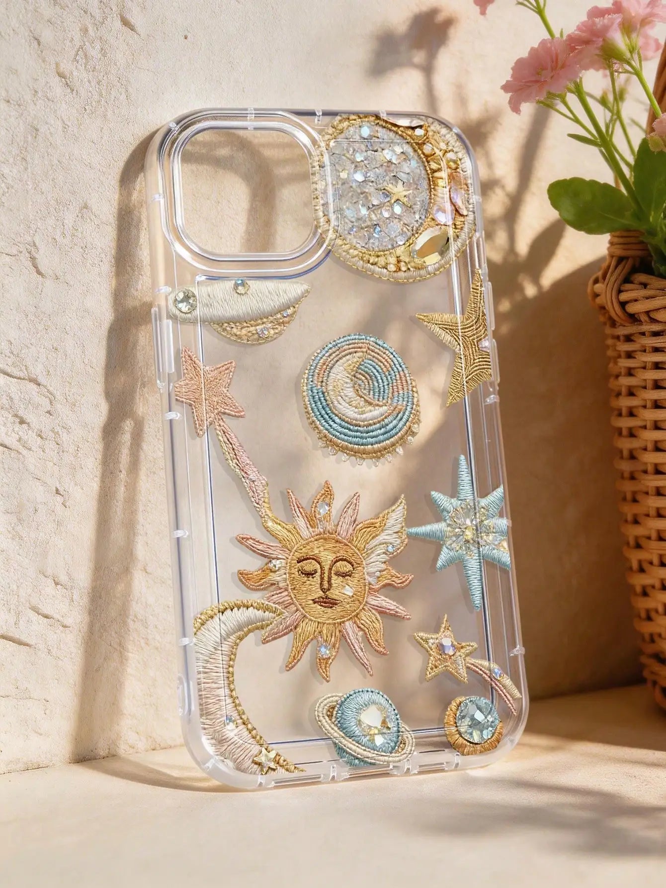 1pc Retro Starry Sky Theme Star & Moon Universe Pattern Phone Case, Silver Transparent Thick Protective Cover For Samsung A05, A05S, A13, A14, A15, A53, A54, A55, A56, S22, S23, S24, S25, 11, 12, 13, 14, 15, 16, 17 Pro Max