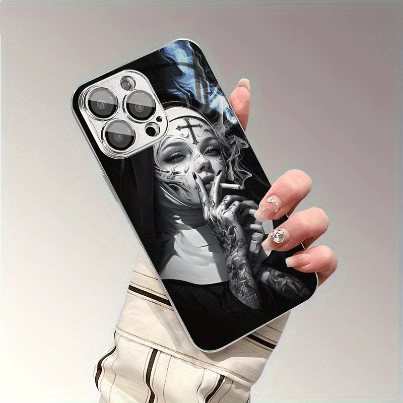 Crystal clear, beautifully designed tattooed lady smoking pattern glass phone case for iPhone16 15 14 13 12Promax