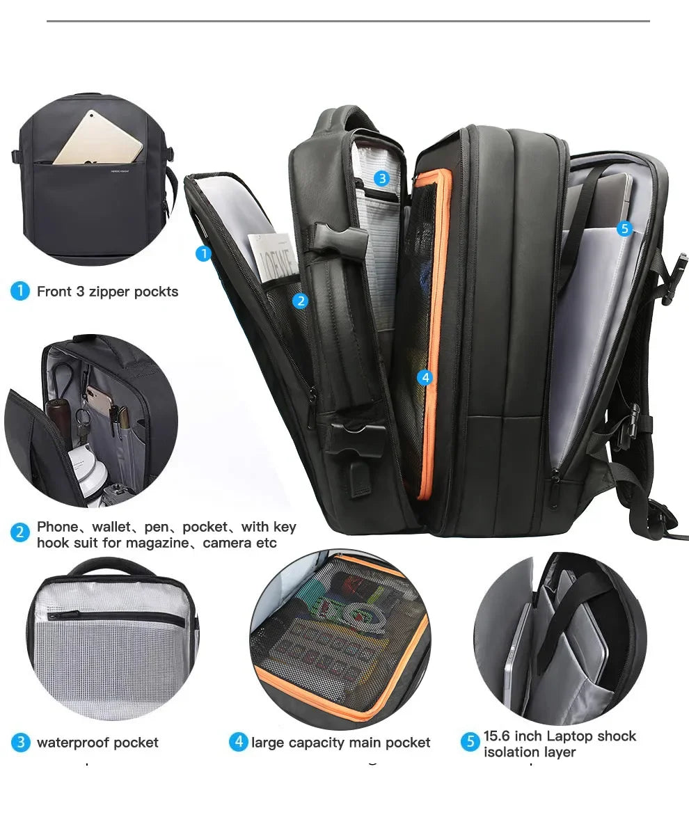 Heroic Knight Travel Laptop Backpack 15.6 Inch – Expandable Waterproof Business Backpack for Men, USB Charging Port, Large Capacity School & Work Bag