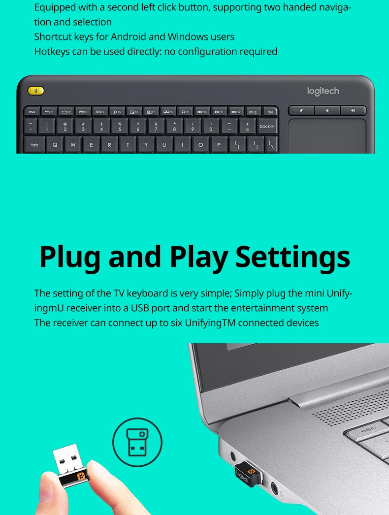 Logitech K400 Plus Wireless Keyboard Touchpad TV Compatible Long Battery Life for Windows Android TV