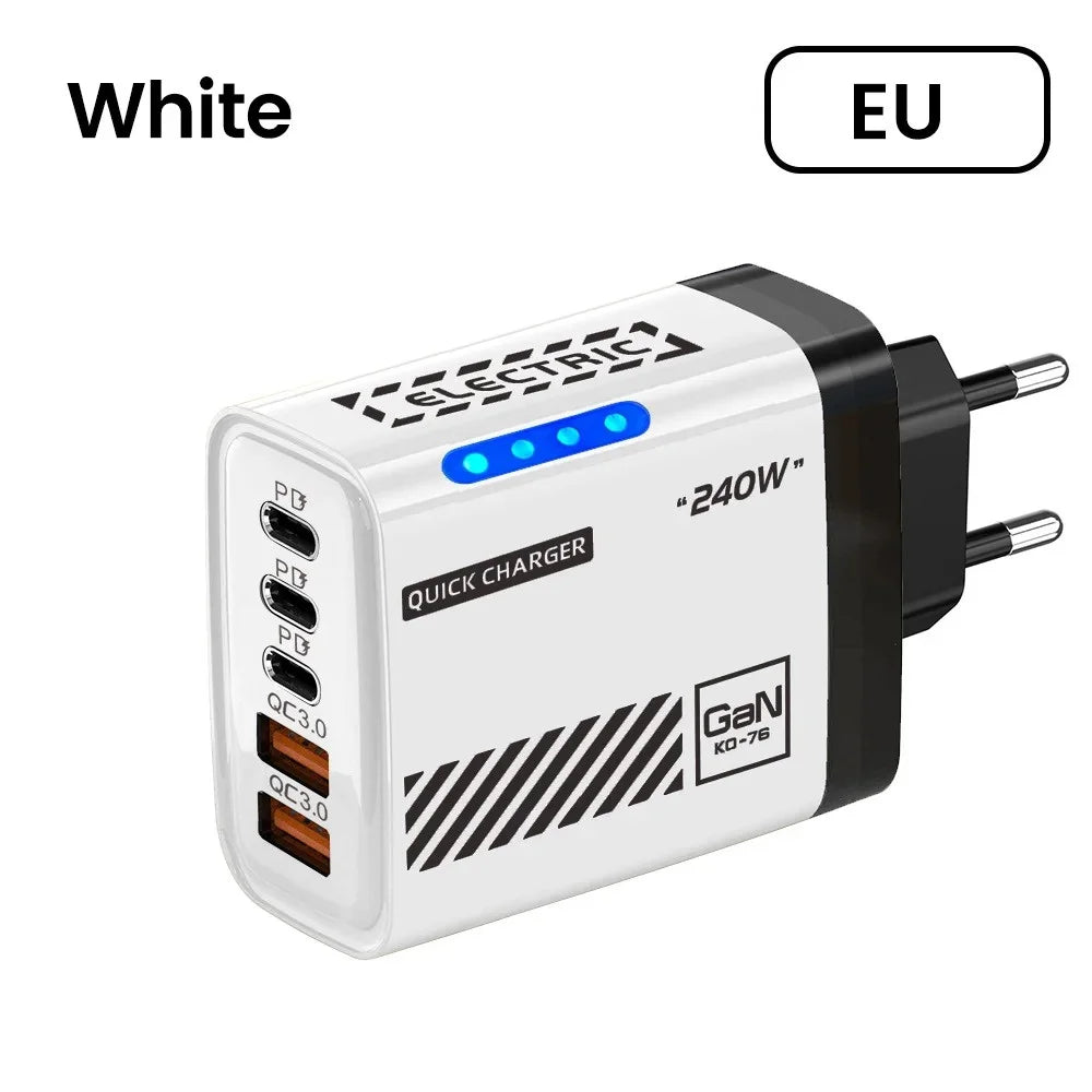 Desktop GaN Charger 240W 5-in-1 Fast Charging Charger 3PD 2USB for iPhone Samsung Xiaomi Tablet EU/US/UK Plug Wall Adapter