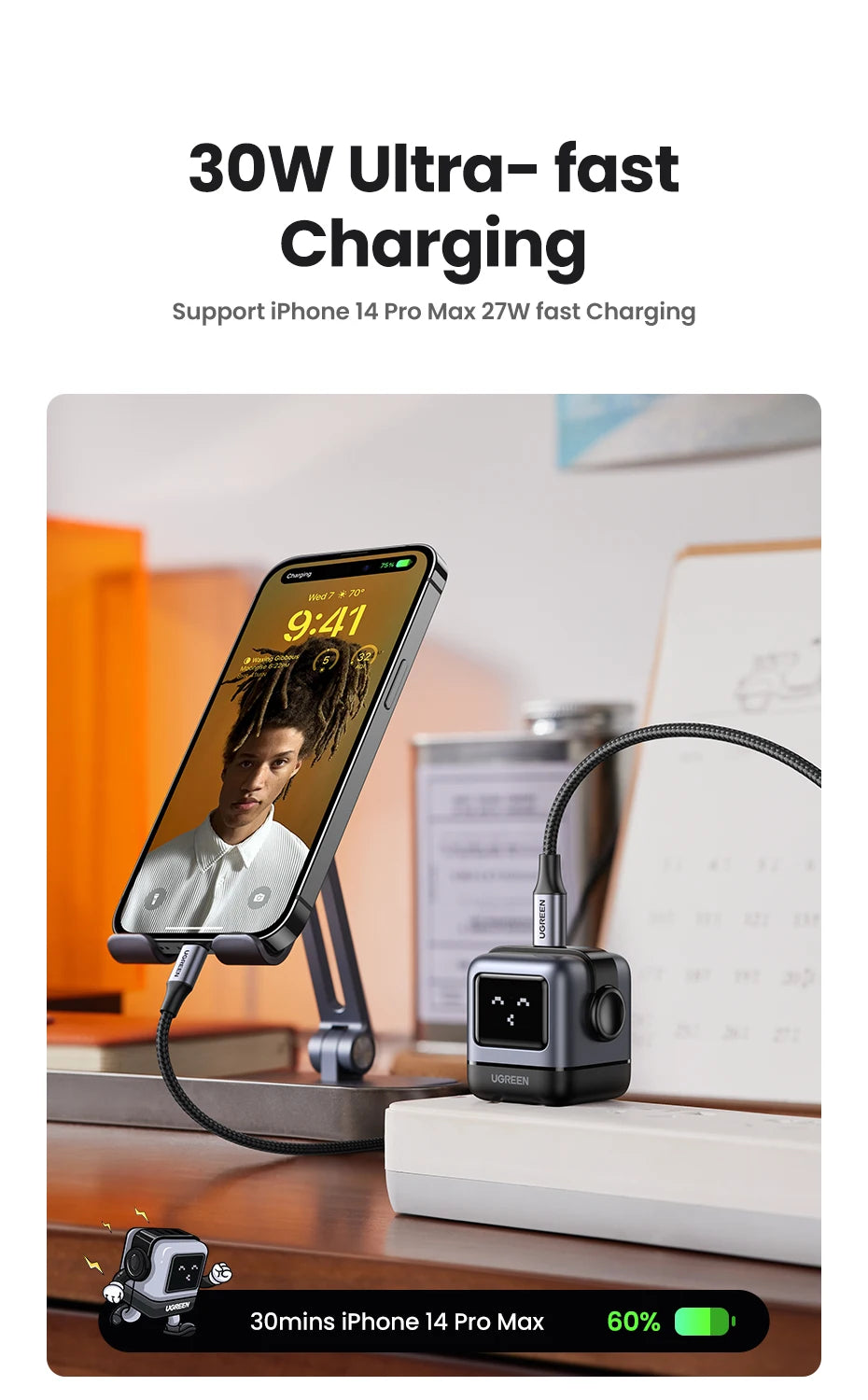 【US Plug】UGREEN 30W 65W GaN Charger Robot Design PD3.0 Fast Charger PPS for iPhone 17 16 Macbook Laptops Samsung XiaomiTablets