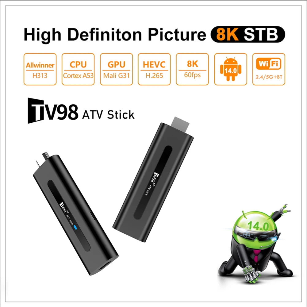 TV98 ATV H313 Android TV Stick 14.0 8K 2.4G 5G WiFi Quad Core BT5.0 Set Top Box Smart TV Box for Network Media Player