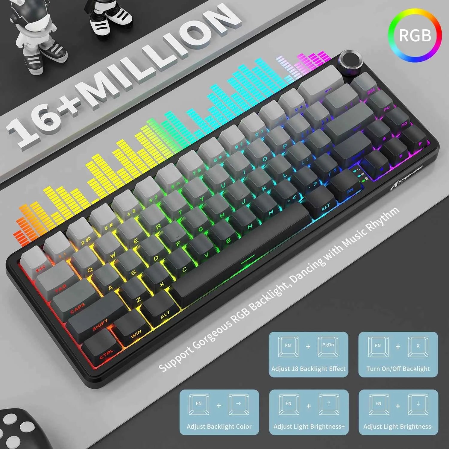 ATTACK SHARK X66 65% Wireless Mechanical Keyboard with Knob, 66 Keys Tri Mode Gasket Hot Swap RGB Gaming Keyboard 60 Percent,PBT