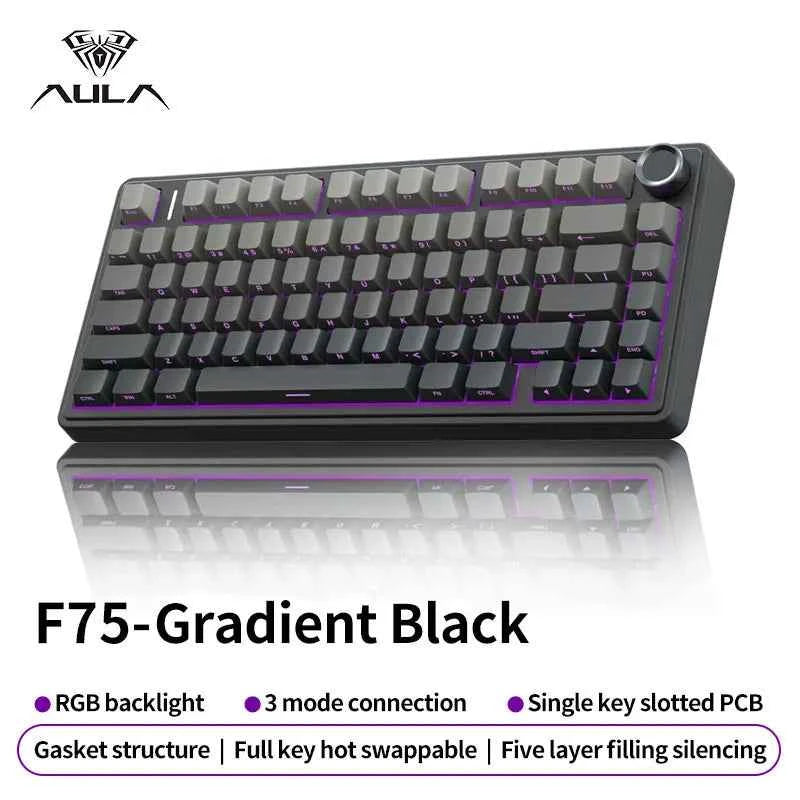 AULA F75 Game Mechanical Keyboard RGB Light 2.4G /BT5.0/Wired Tri-Mode Gasket Structure 75% Customized Gradient Grey Keyboard