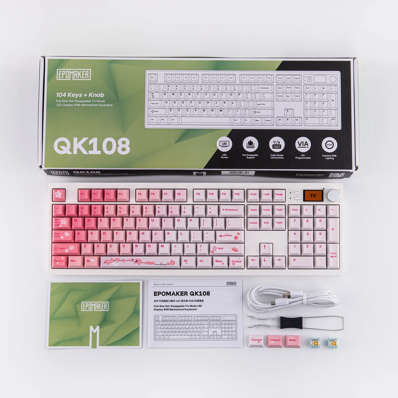 EPOMAKER QK108 100% Full-Sized Layout Wired/BT/2.4Ghz Wireless Mechanical Keyboard with QMK/VIA Custom & RGB Backlights