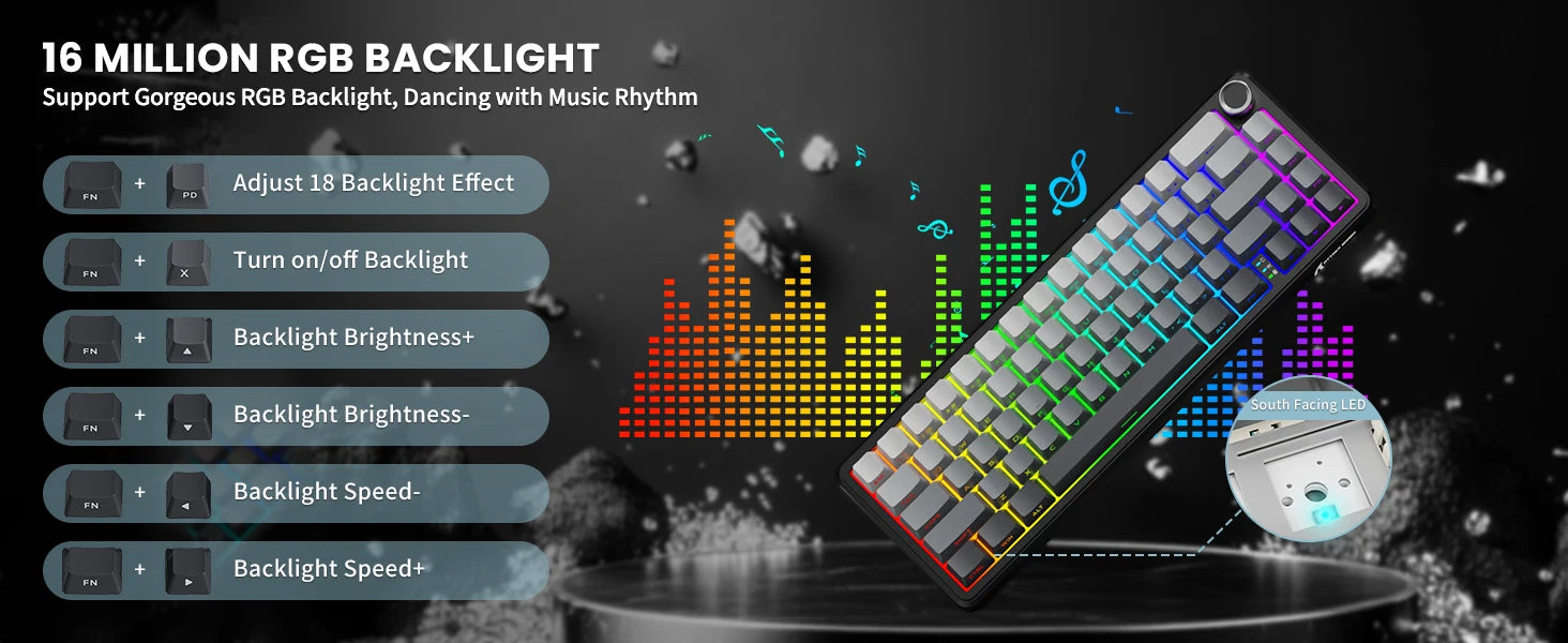 ATTACK SHARK X66 65% Wireless Mechanical Keyboard with Knob, 66 Keys Tri Mode Gasket Hot Swap RGB Gaming Keyboard 60 Percent,PBT