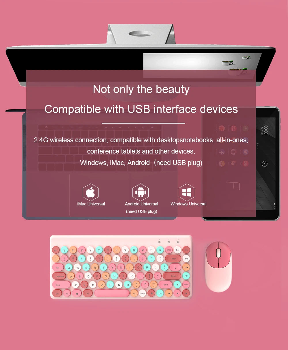 Wireless Mini Pink Keyboard Mouse Combo, 2.4G Portable Silent for PC Laptop Tablet iOS Android Windows, Hot Sale