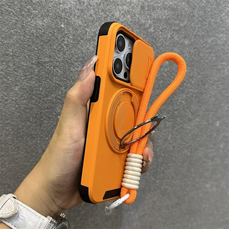 Armor Magnetic Bracket Case for iPhone 16e 16 14 13 12 11 15 Pro Max Plus With Lanyard Slide Camera Protection Shockproof Cover
