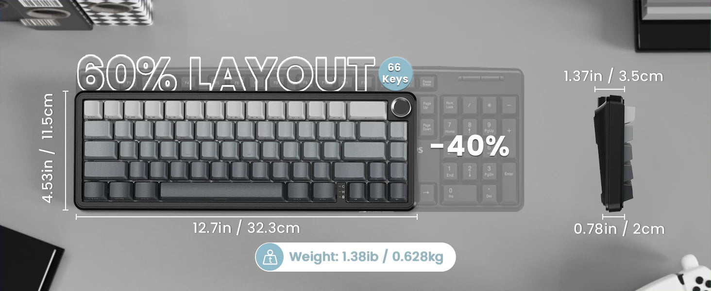 ATTACK SHARK X66 60% Wireless Mechanical Gaming Keyboard with Knob,3-Mode Gasket Hot Swappable Custom Keyboard with Coiled Cable