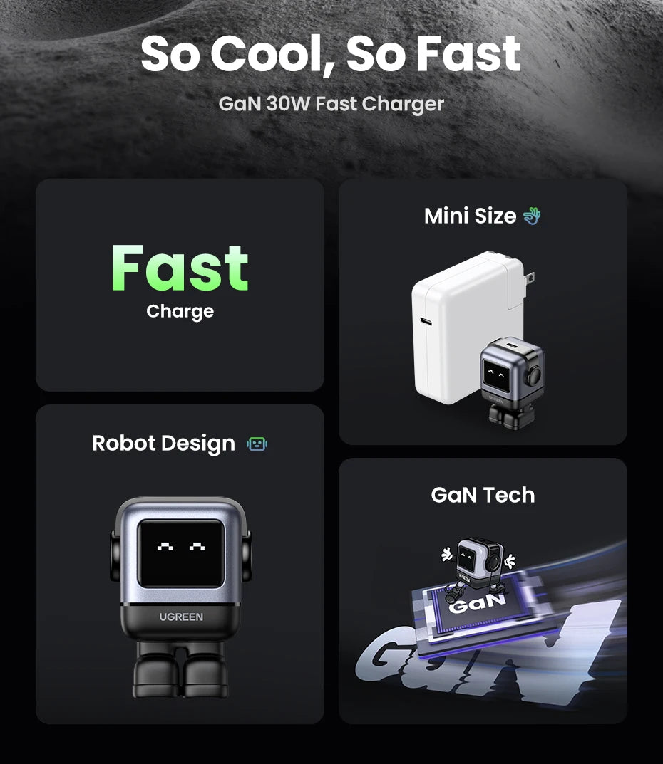【US Plug】UGREEN 30W 65W GaN Charger Robot Design PD3.0 Fast Charger PPS for iPhone 17 16 Macbook Laptops Samsung XiaomiTablets
