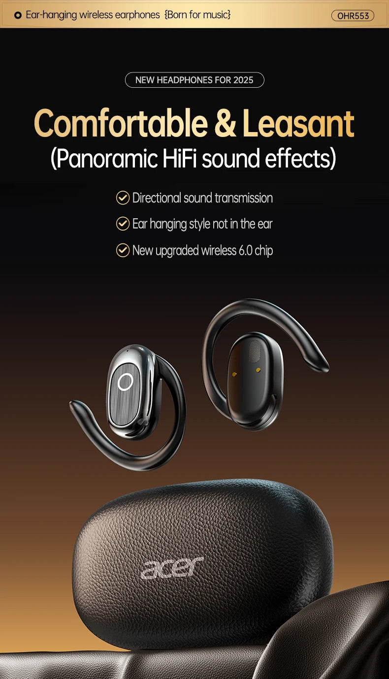 [Official Acer Product] Ohr553 Wireless Bluetooth Earphones with Earhook Design, Ows Design, Hd Calls, Comfortable Wear, Suitable for Sports and Running, Compatible with Mobile Phones, Tablets, and Laptops