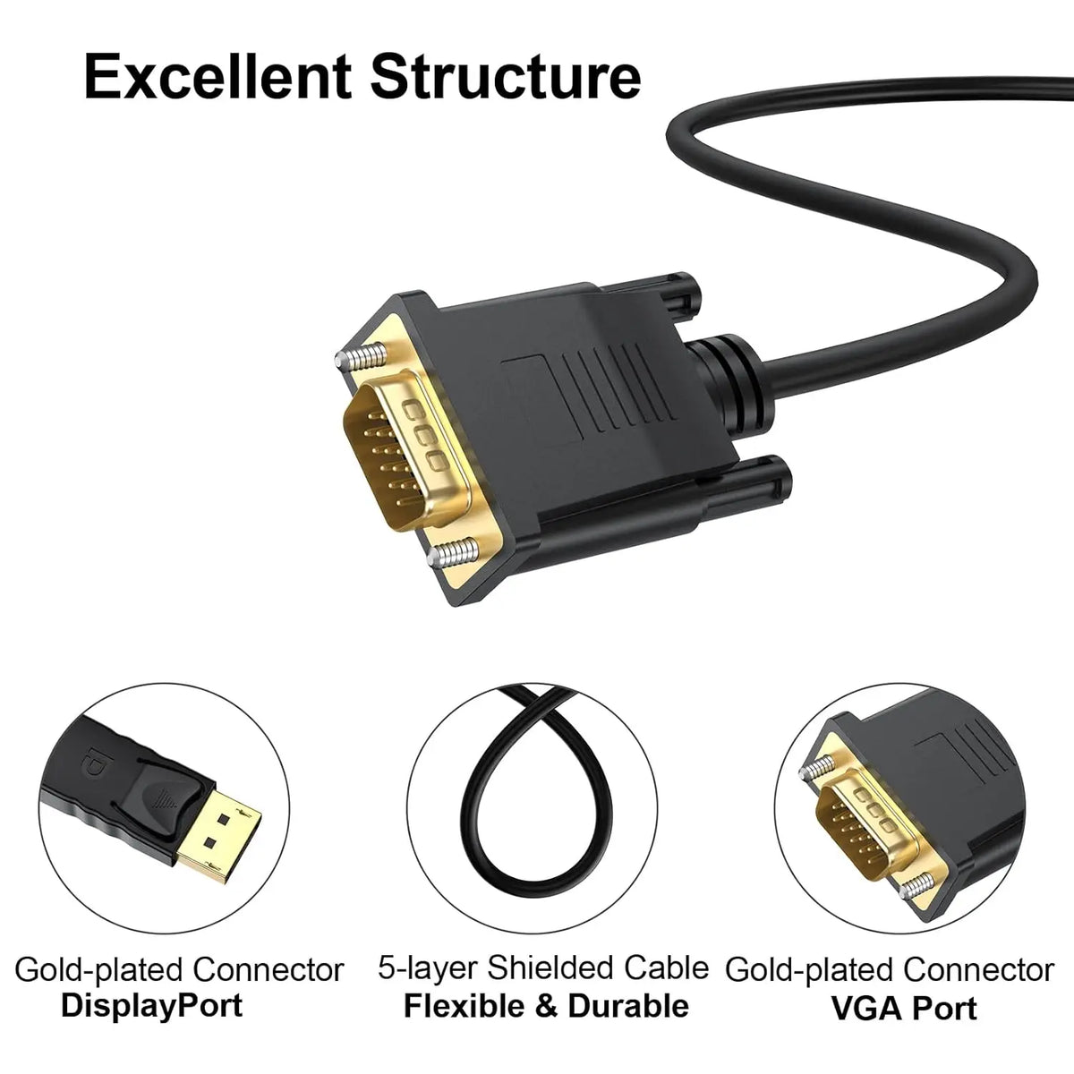 DisplayPort to VGA Cable 6FT/1.8M,Gold Plated DP Male to VGA Male Adapter 1080P@60Hz for Laptop, PC, Monitor, TV, Projector