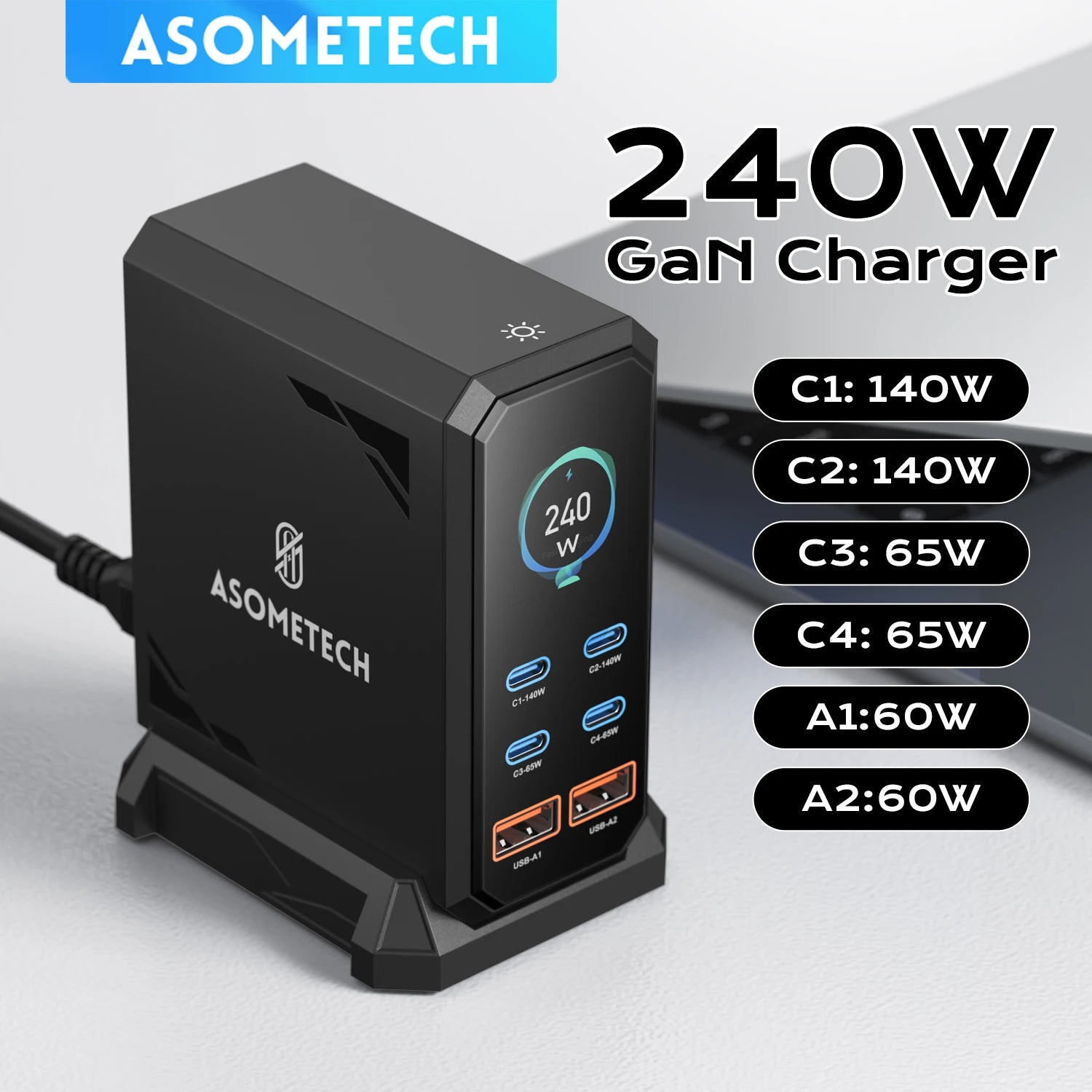 ASOMETECH 240W GaN Charger 140W PD3.1 PPS USB Type C Digital Display Fast Charging Station for iPhone 17 MacBook Laptops Samsung