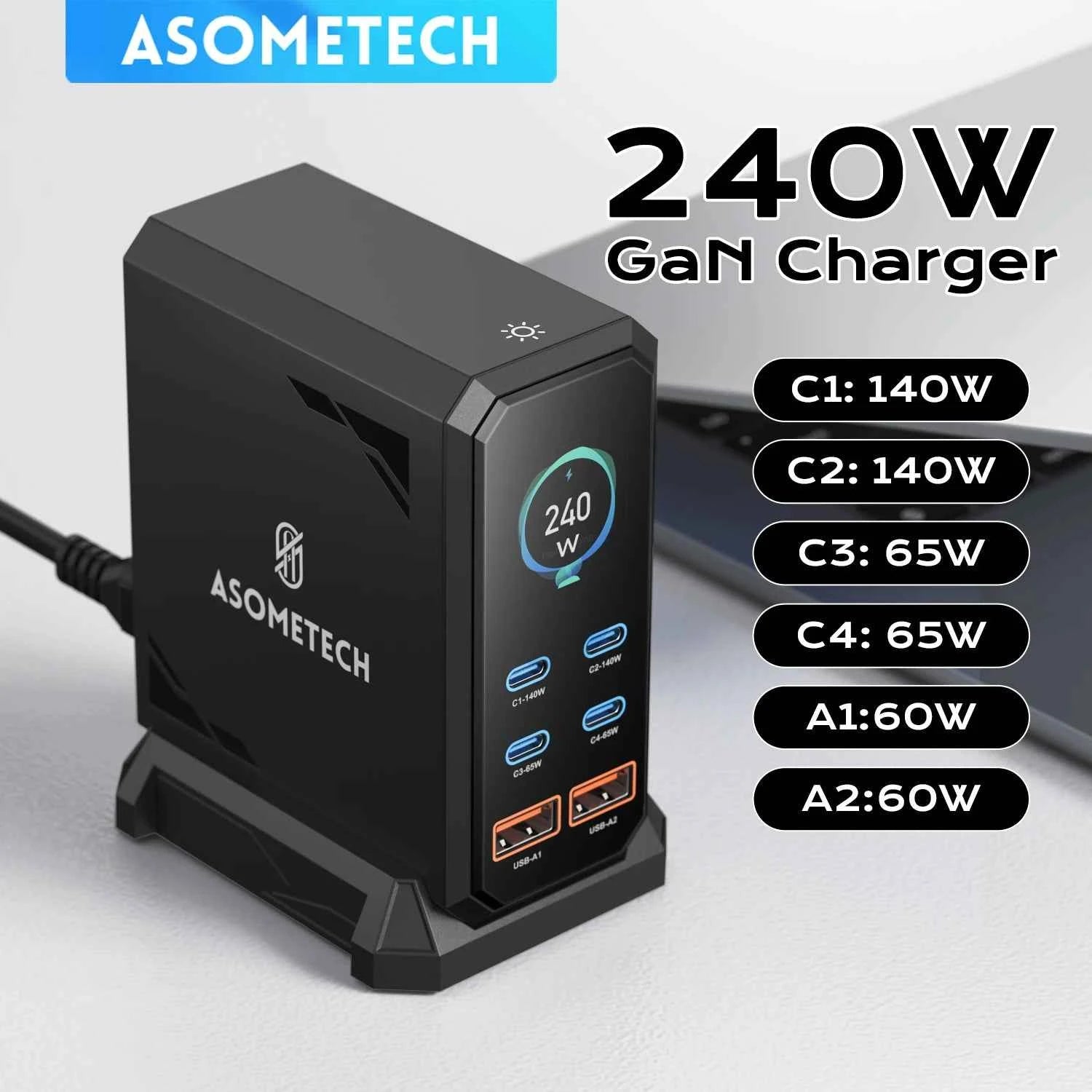 ASOMETECH 240W GaN Charger 140W PD3.1 PPS USB Type C Digital Display Fast Charging Station for iPhone 17 MacBook Laptops Samsung