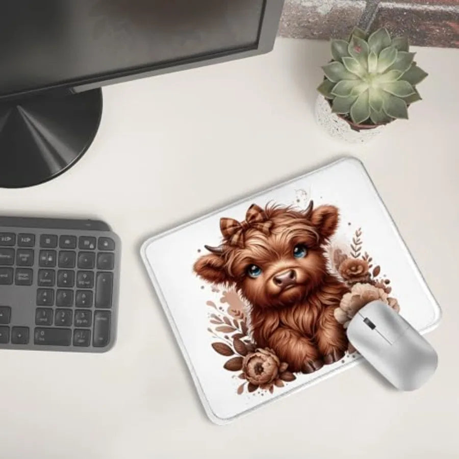 Floral Brown Highland Cow Mouse Pad, Cute Western Baby Highland Cow Heifer Mouse Pads Mousepad for Work Gaming Computers Laptop