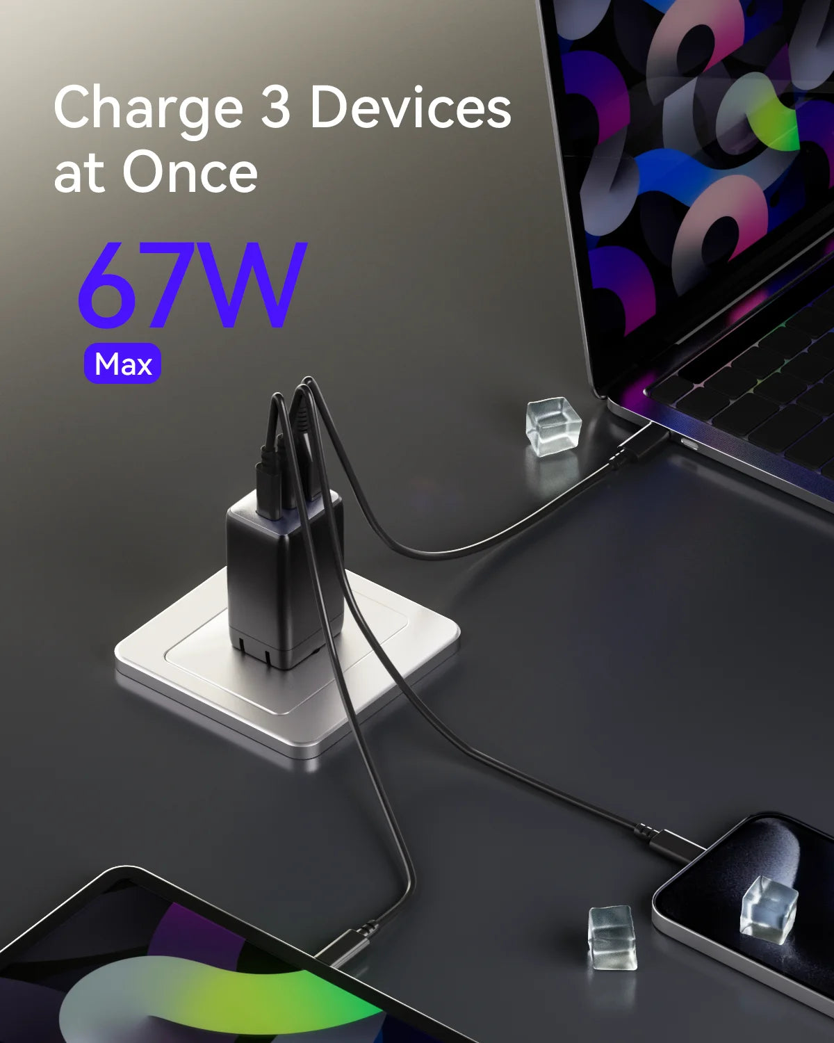 wegear 67W USB C charger 3-Port GaN Fast Compact Foldable for iPhone 17/16 Series for Galaxy for iPad Compatible with MagSafe