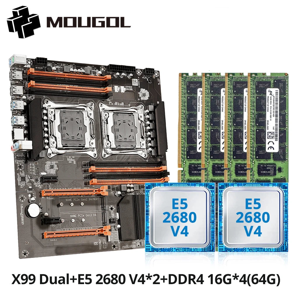 MOUGOl X99 Dual CPU Gaming Motherboard Set lntel Xeon E5 2680 V4&DDR4 64GB (4*16GB) LGA2011-3 M.2 NVME for Server Computer Host - WinSupport Tech