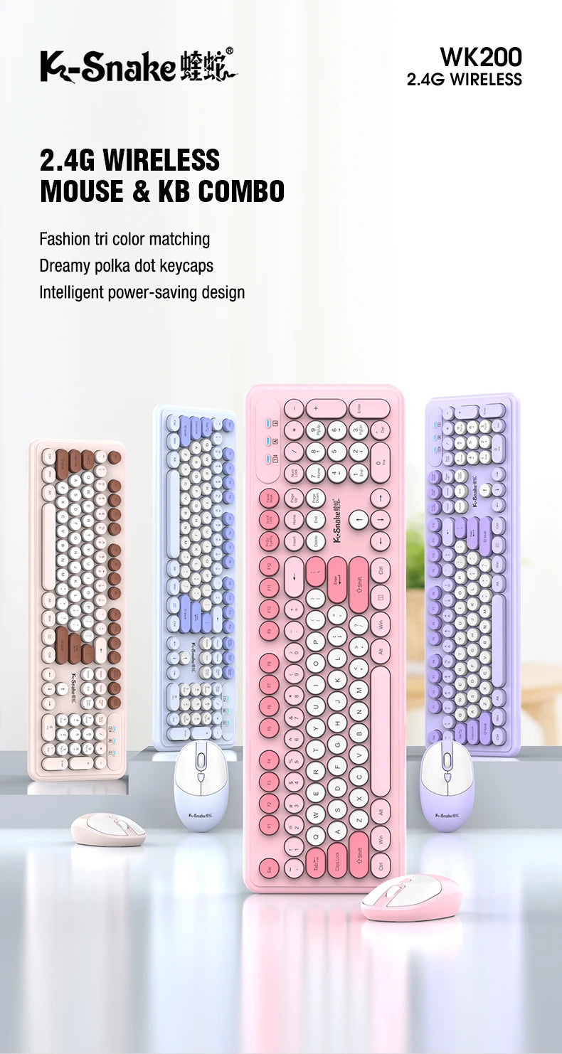 K-Snake WK200 Wireless Keyboard Mouse Set Cute Punk Keycap USB Wireless Business Keyboard Mouse Set Laptop Typing Office