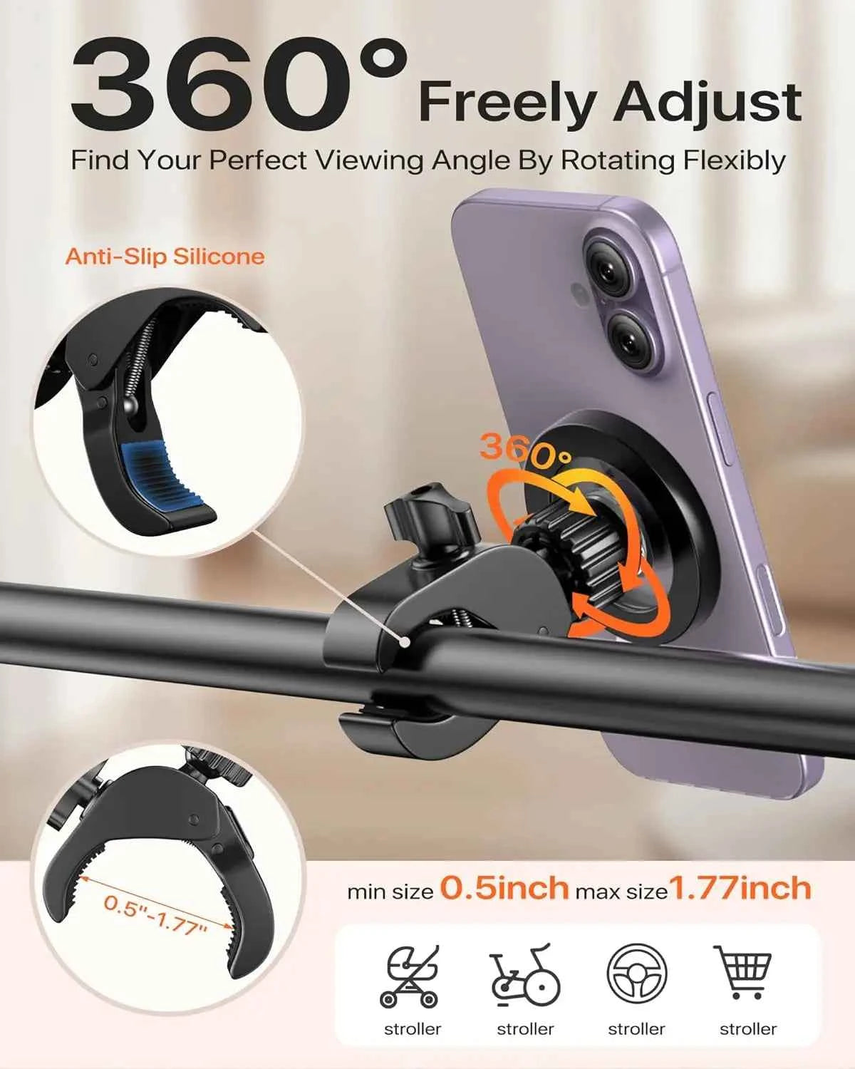 Magnetic Phone Holder Clamp Mount Rotatable Handlebar Accessories for MagSafe for Regular Bike Ride Stroller Peloton Steering