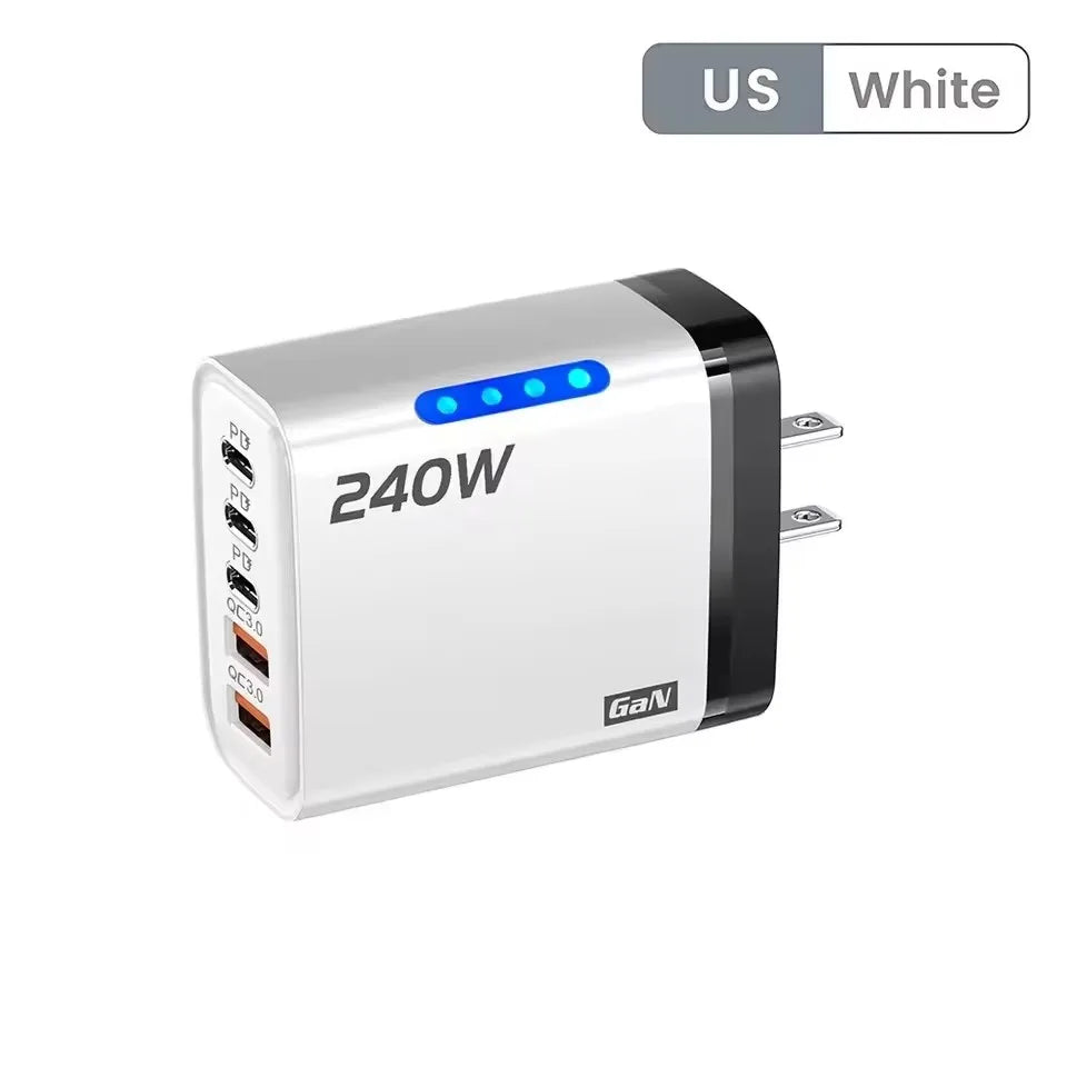 5 IN 1 GaN Desktop Charger For iPhone17 16Pro Laptop Samsung 240W Fast Charging Adapter 10A USB To Type-C Cable 3PD 2USB Charger