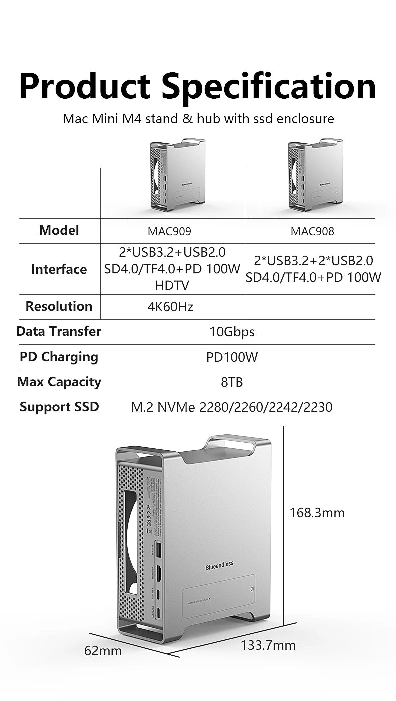 Blueendless ssd docking For 2024 MAC Mini M4/M4 Pro Stand with M.2 NVMe SSD enclosure 4K/60HZ HDMI-Com SD4.0 TF4.0 10Gbps C HUB