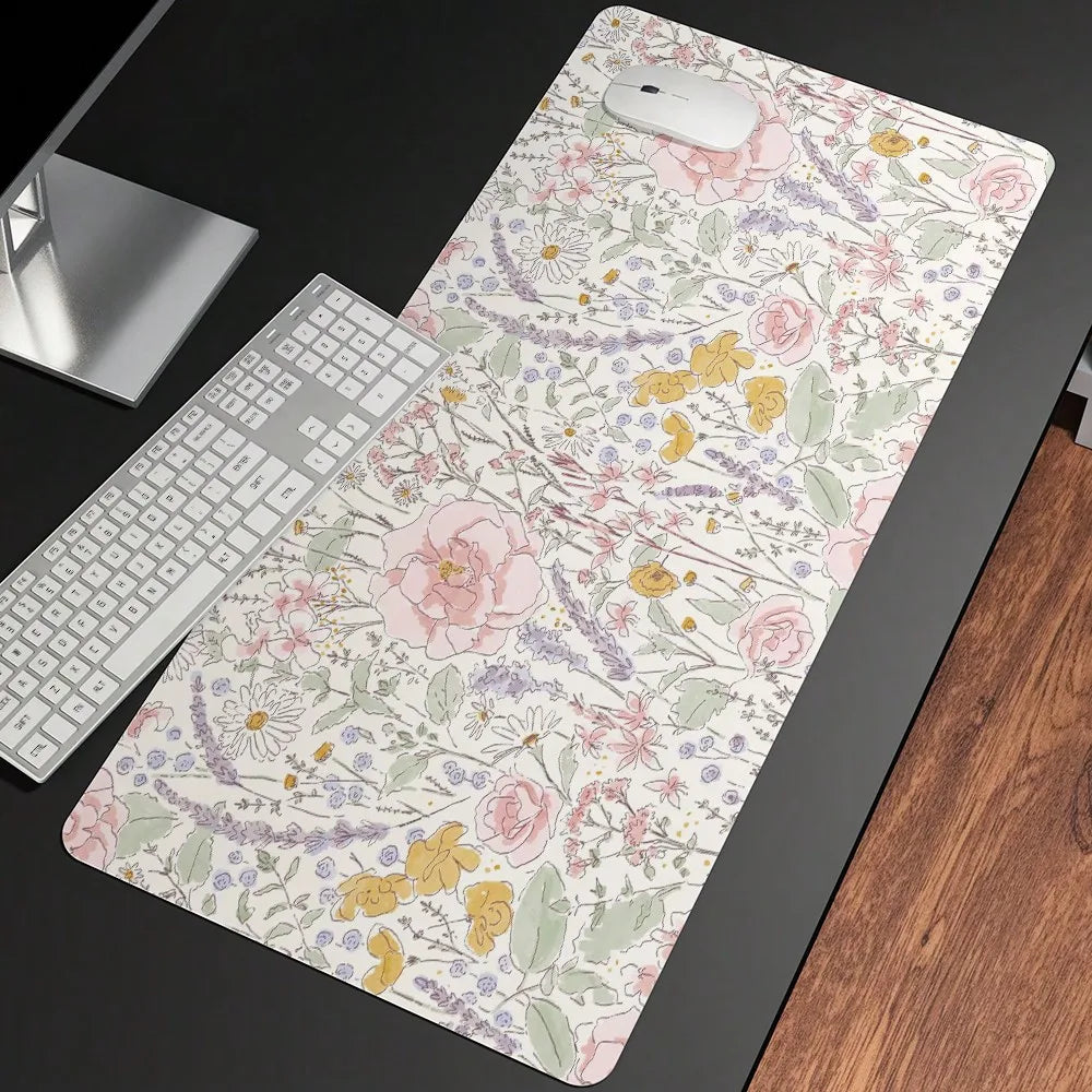 1pc Cute Floral Desk Mat Pink Flowers Plant Mouse Pad XXL Large Extended Gaming Mousepad Women Office Decor Desk Pad, Big Laptop Computer Keyboard And Mouse Mat