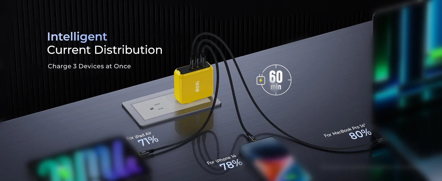 AOHI Magcube Pro 140W GaN phone charger PD3.1 3-Port USB C Charger For Macbook Pro Laptop Fast Charger For iPhone