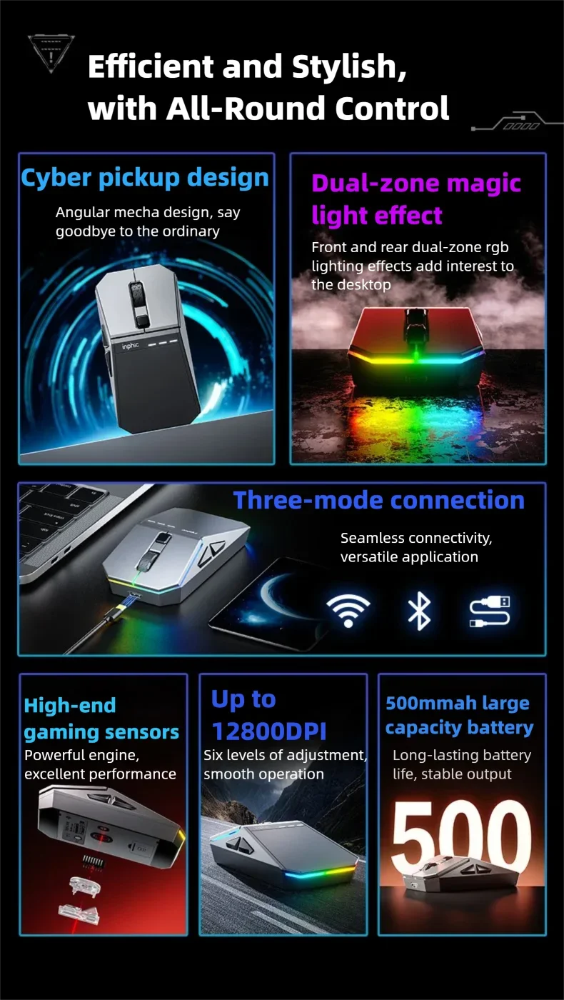 INPHIC YuanChuang-Cyber Three Mode Game Mouse 12800DPI RGB Light Effect Bluetooth Wireless Mouse
