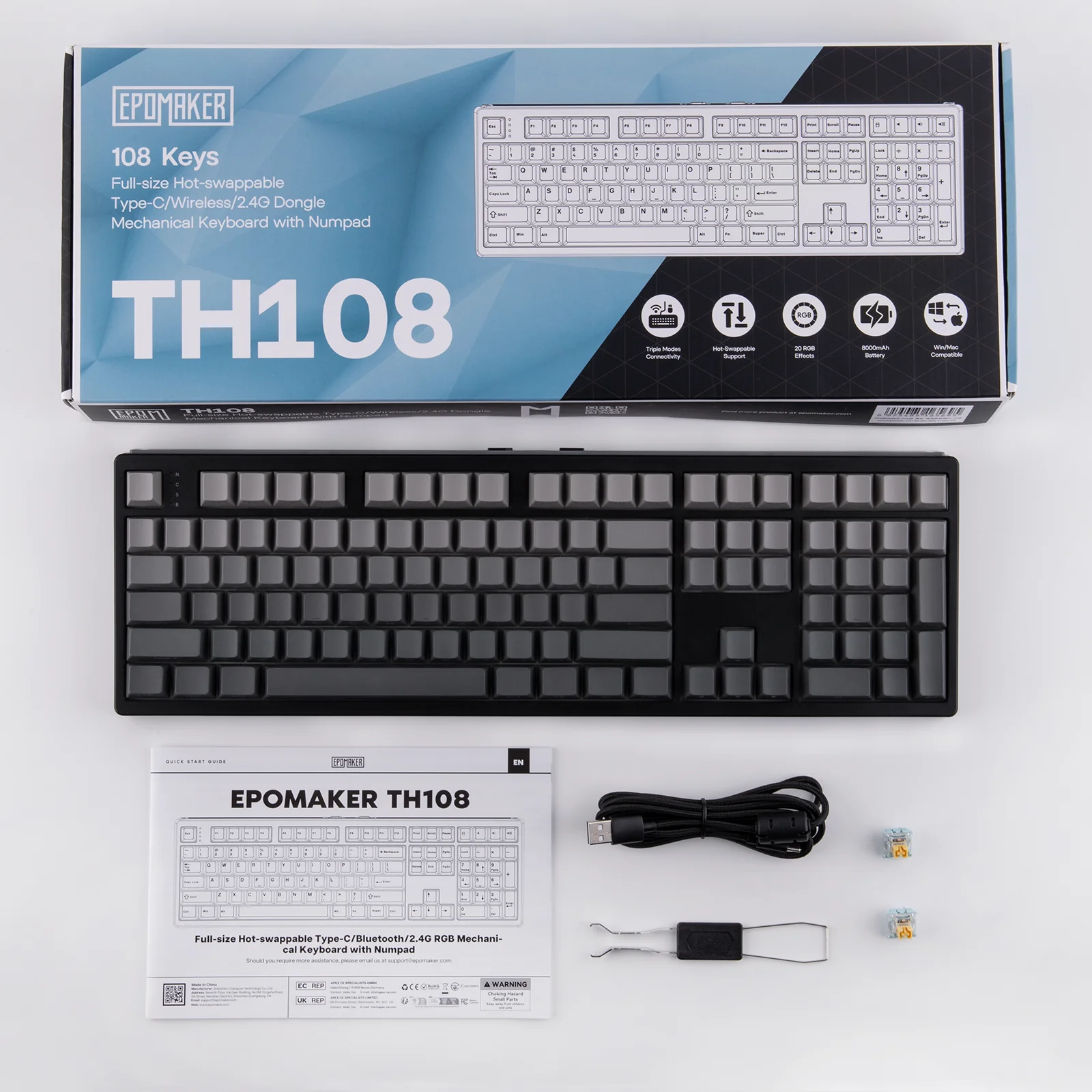 EPOMAKER TH108 100% Full Size Gasket Wired/BT/2.4Ghz Wireless NKRO Mechanical Gaming Keyboard 10000mAh Battery RGB Backlit