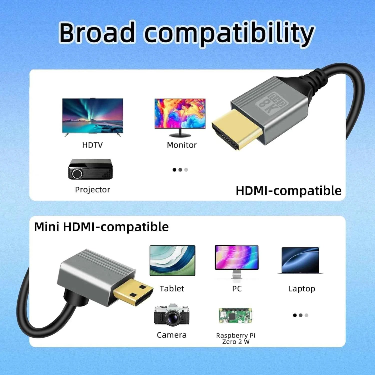 8K 90 Degree Mini HDMI-compatible, Micro HDMI-compatible to HDMI-compatible Adapter Cable for Laptop Camera Camcorder Monitor