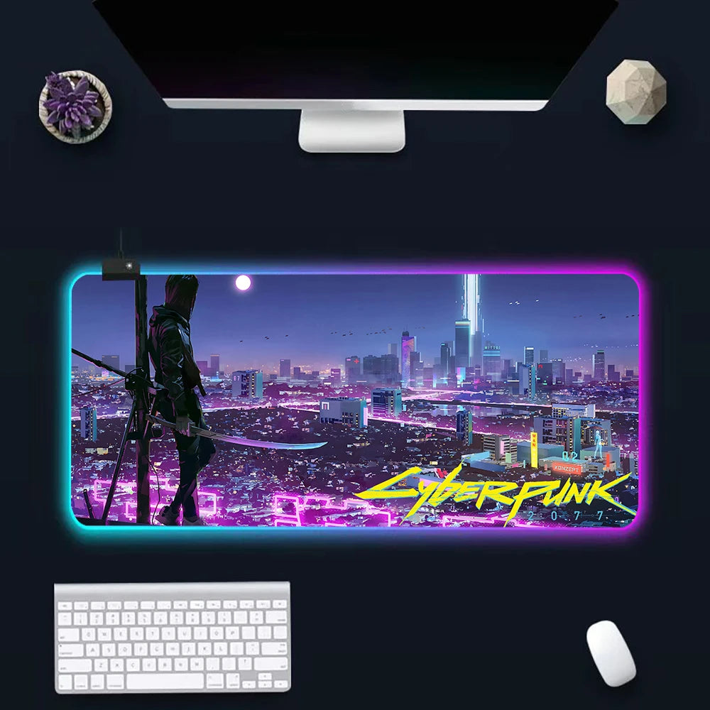 Hot Cyberpunk Sci-Fi Games RGB Pc Gamer Keyboard Mouse Pad Mousepad LED Glowing Mouse Mats Rubber Gaming Computer Mausepad