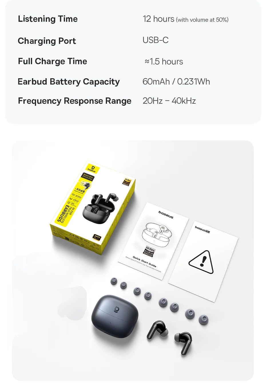 Baseus EP10 Pro ANC Earbuds Wireless Bluetooth 6.0 Earphones 50dB Realtime Adaptive Headphones 6 Mic Hi-Res LDAC IP55  Ear buds