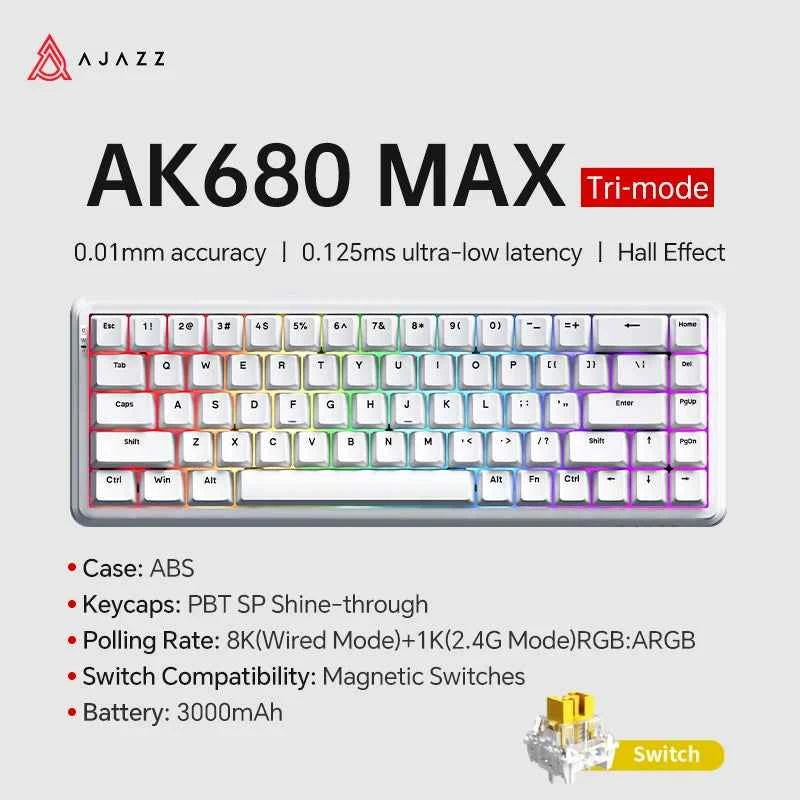 AJAZZ AK680 MAX Magnetic Switch Mechanical Keyboard 60% Rapid Trigger 0.01mm 8K/1K Return 68 keys Gaming Keybaord