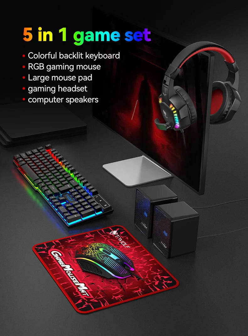 5-in-1 Set Gaming Combo Keyboard 4-color Breathing Light Mouse 3.5mm Gaming Headset Gaming Speaker Anti-slip Mouse Pad NEW HOT