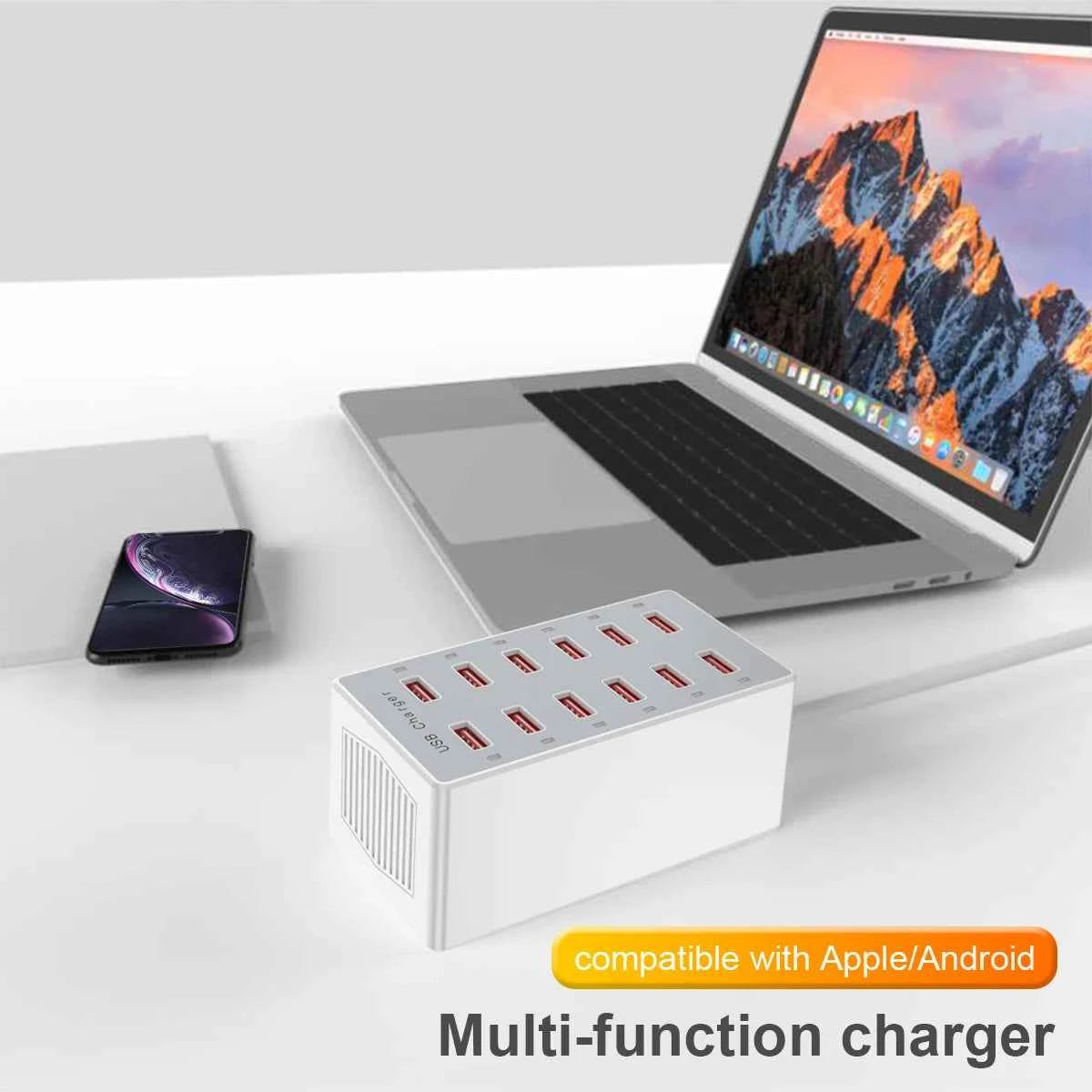 12-Port 60W Desktop USB Charger Smart Fast Charging Station US Wall Plug for Phones & Tablets