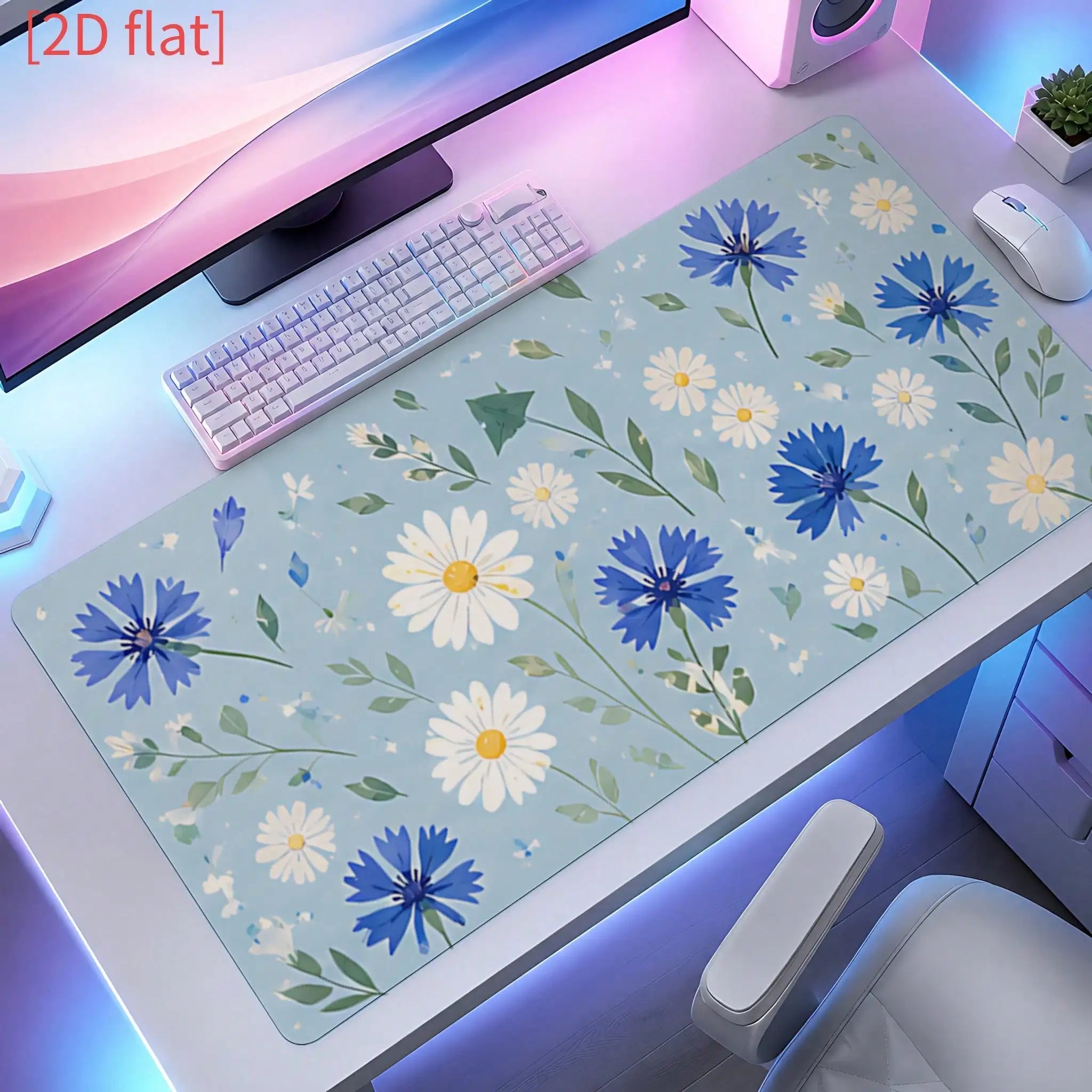1pc Non-Slip Oval Mouse Pad Compatible For Office Desk, Computer Desk, Study Table - Blue & White Cornflower Daisy Minimalist Desk With Base & Suitable For