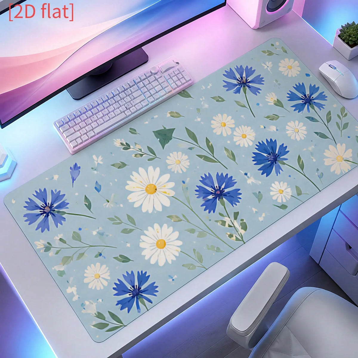 1pc Non-Slip Oval Mouse Pad Compatible For Office Desk, Computer Desk, Study Table - Blue & White Cornflower Daisy Minimalist Desk With Base & Suitable For