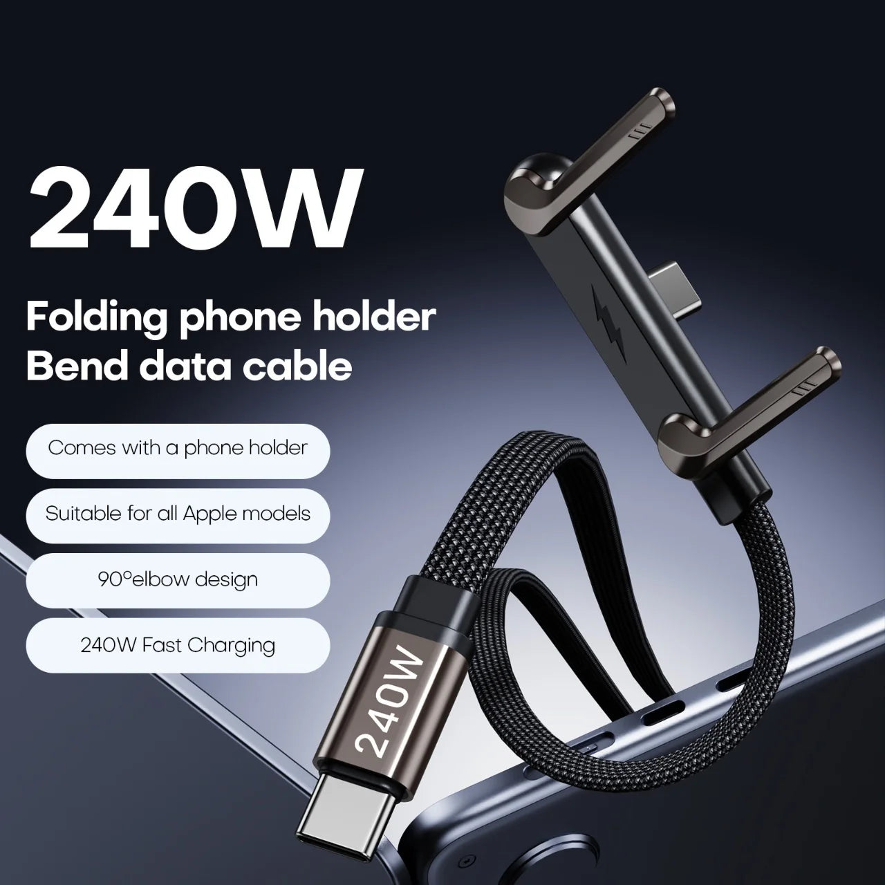 240W PD Fast Charging Type C to Type C Cable USB C to Type C Cable with Foldable Stand Phone Holder For iPhone 15 Xiaomi HUAWEI