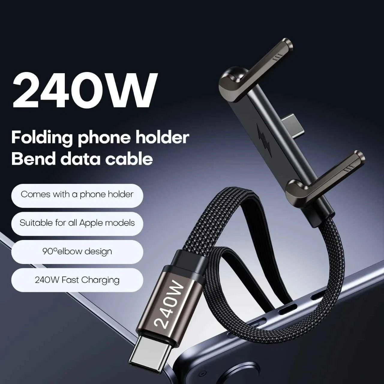 240W PD Fast Charging Type C to Type C Cable USB C to Type C Cable with Foldable Stand Phone Holder For iPhone 15 Xiaomi HUAWEI