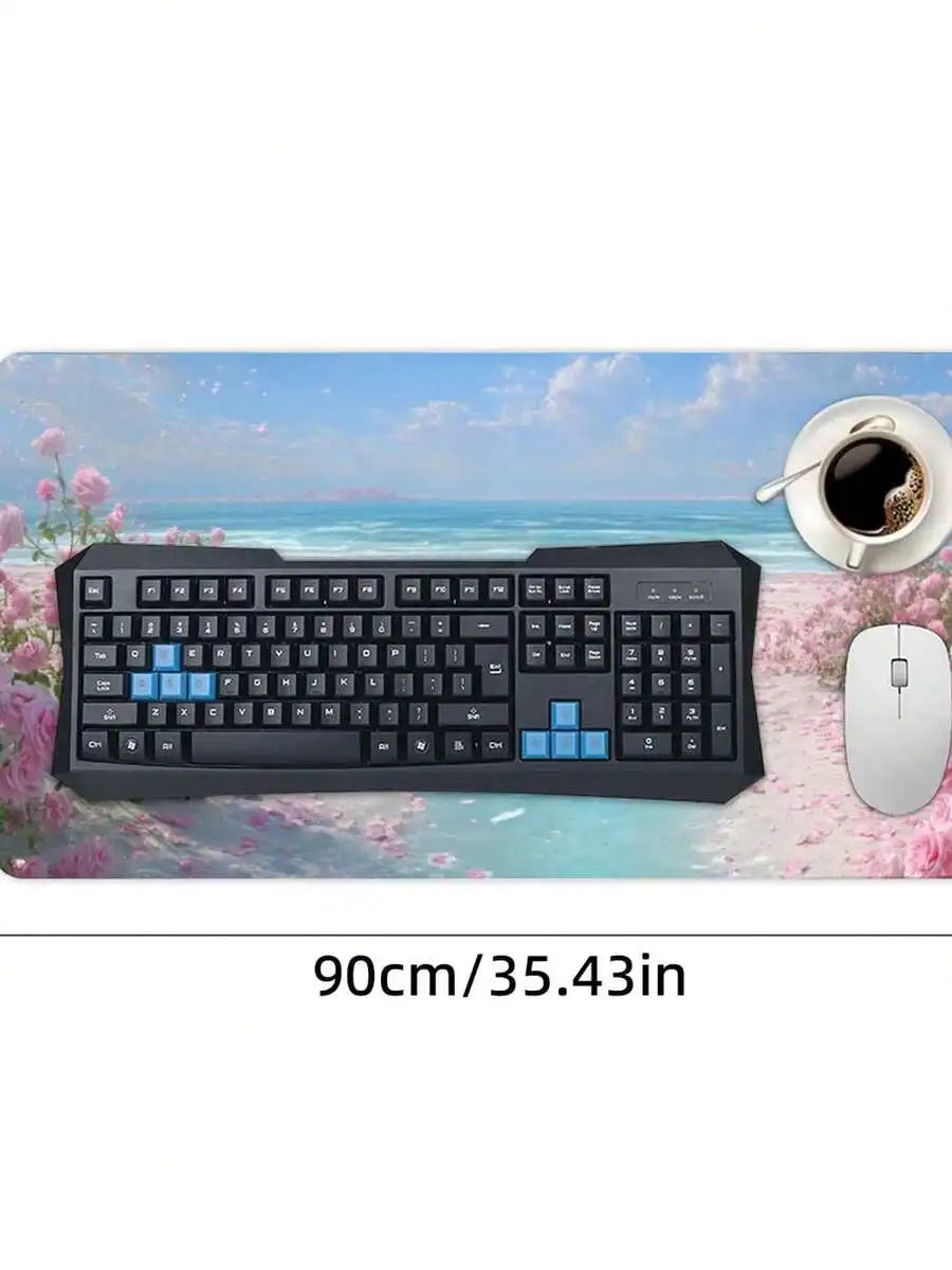 Pink Rose Beach Design Mouse Pad Anti-Slip Rubber Base Washable Gaming Desk Decor
