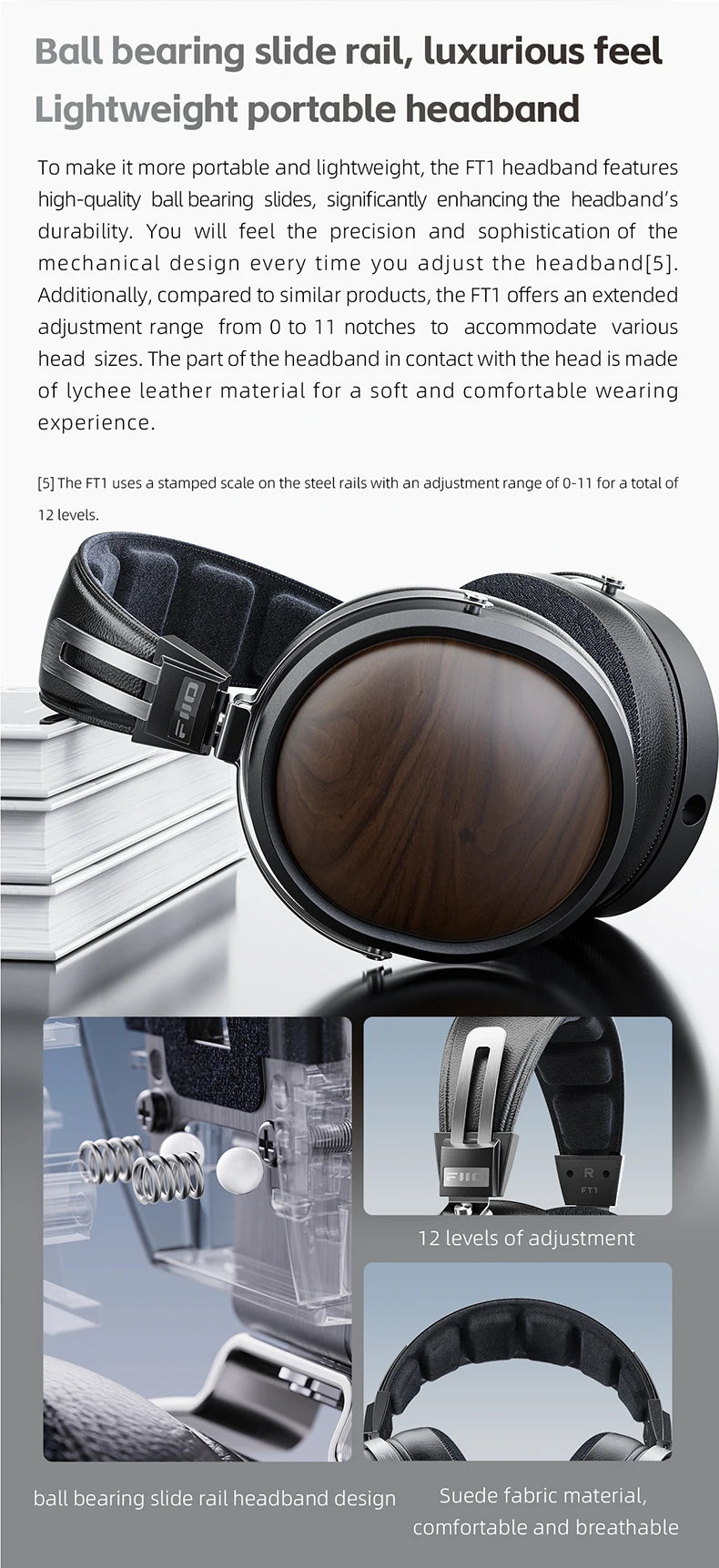 FiiO FT1-New version Closed-Back Over-Ear  Fiber Composite Diaphragm Wired Hi-Fi Headphones, American walnut Ear Cups for Studio