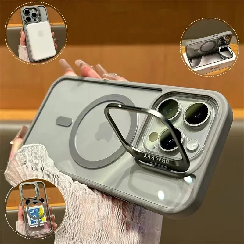 Luxury Magnetic Shockproof Phone Case for iPhone 16/15/14/13/12/11/17 Pro Max with Stand and Glass Lens Case