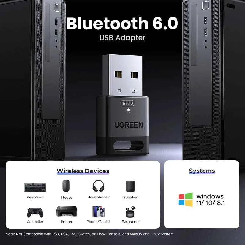 USB Bluetooth Adapter, Bluetooth 6.0 Dongle for PC Windows 11/10/8.1, Bluetooth Receiver & Transmitter for Keyboard/Mouse