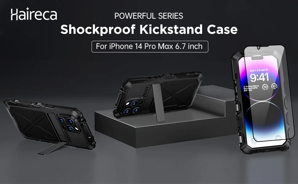 for iPhone 15 14 Pro Max Case Metal Military-Grade Built-in Kickstand & 9H Screen Protector Protective Rugged Heavy Duty Case