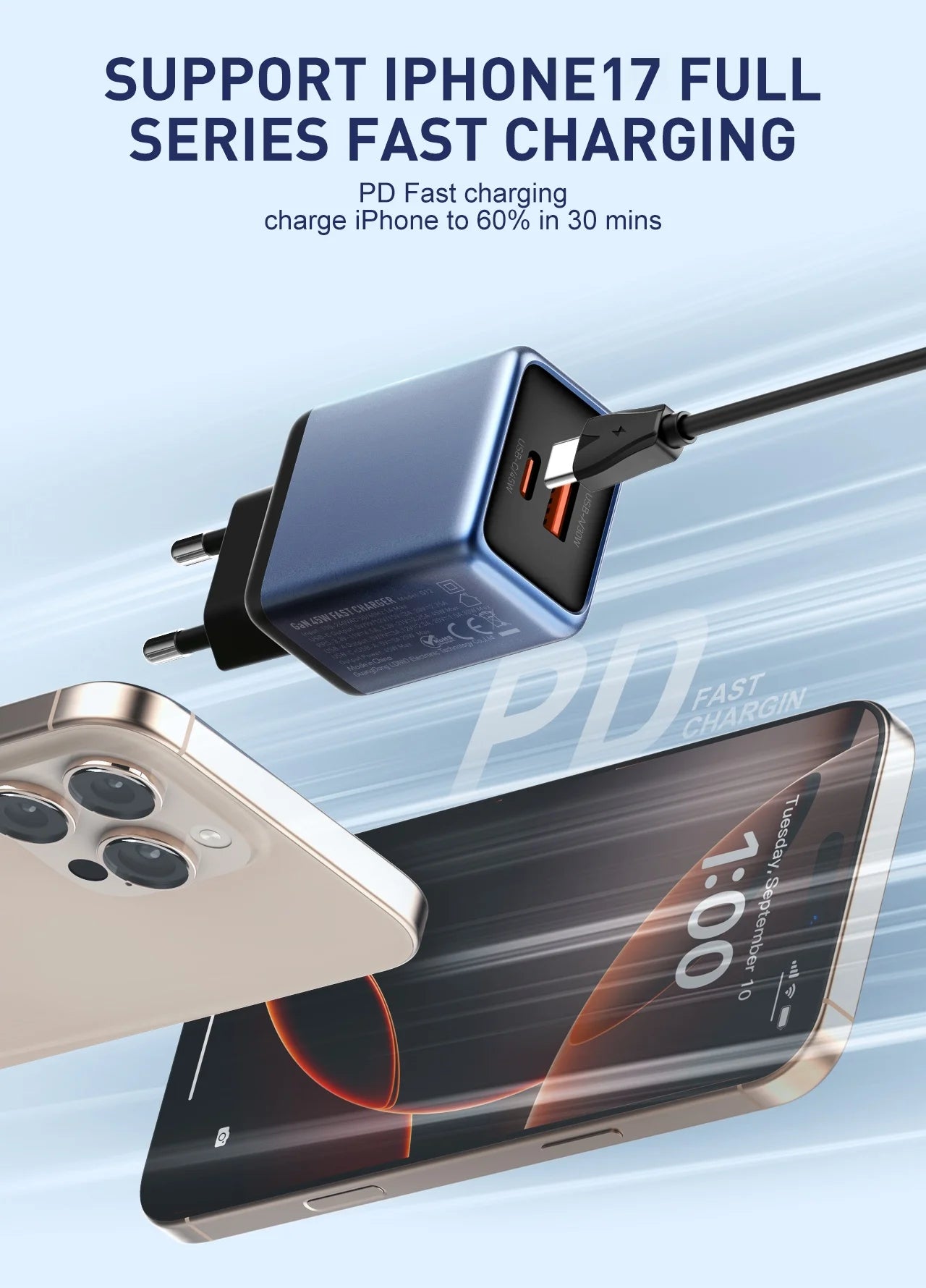 LDNIO Gan 45W Fast Charge Type-C Charger Compatible with 40W iPhone 17 pro Max Air Xiaomi Samsung Ultra - Fast Charging Adapter